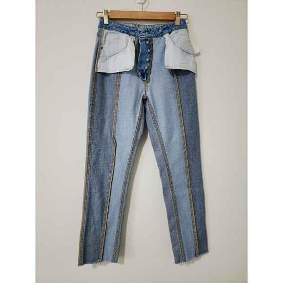 PacSun Womens Two Tone Distressed Mom Jeans Blue Cotton Button Fly Raw Hem 25/26 - Picture 4 of 11